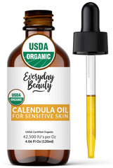 Everyday Beauty calendula oil face bottle offers gentle hydration for sensitive skin.