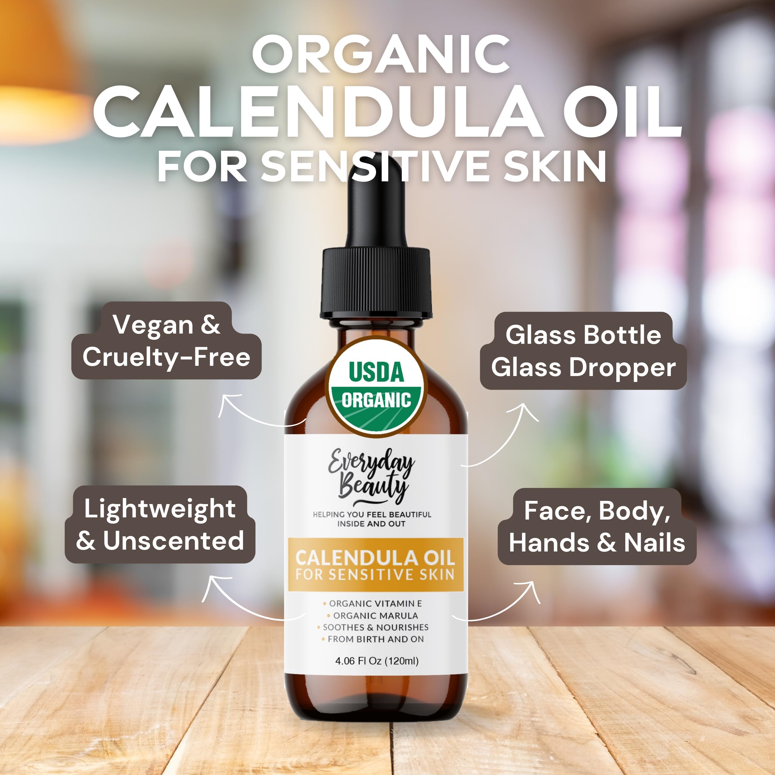Everyday Beauty calendula oil texture demonstrates lightweight, fast-absorbing care.