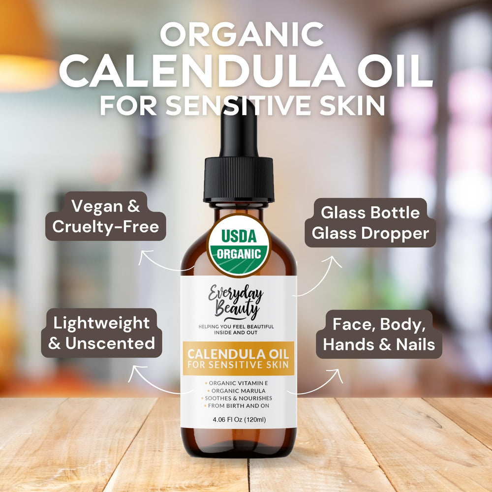 Everyday Beauty calendula oil texture demonstrates lightweight, fast-absorbing care.