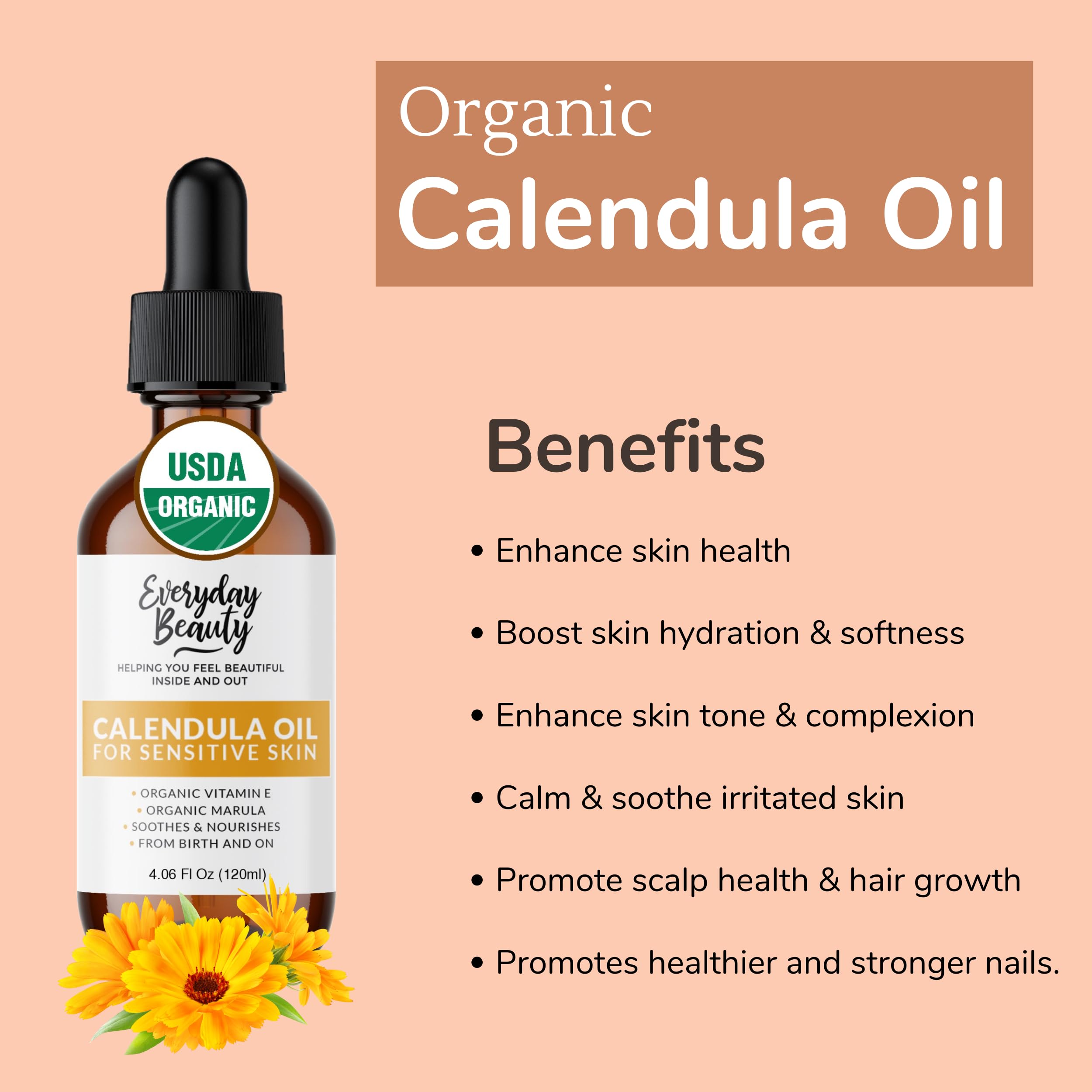 Everyday Beauty calendula oil usage scene shows versatile on face and body.