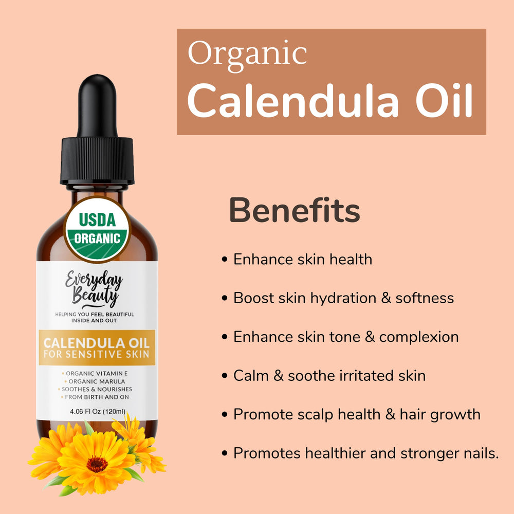 Everyday Beauty calendula oil usage scene shows versatile on face and body.