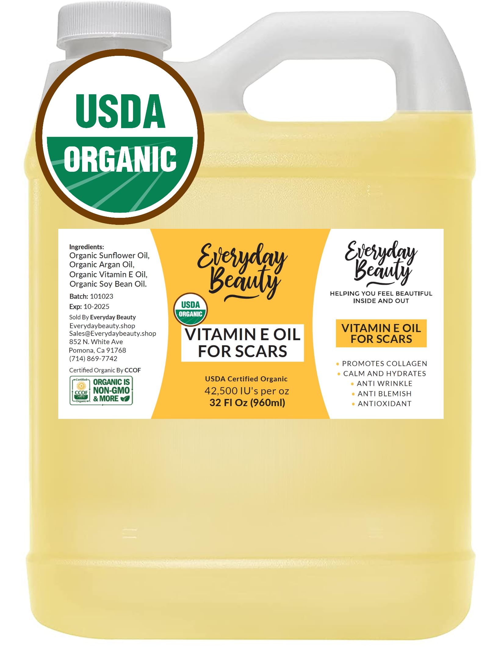 Everyday Beauty Organic Vitamin E Oil 32oz bottle for skin hydration
