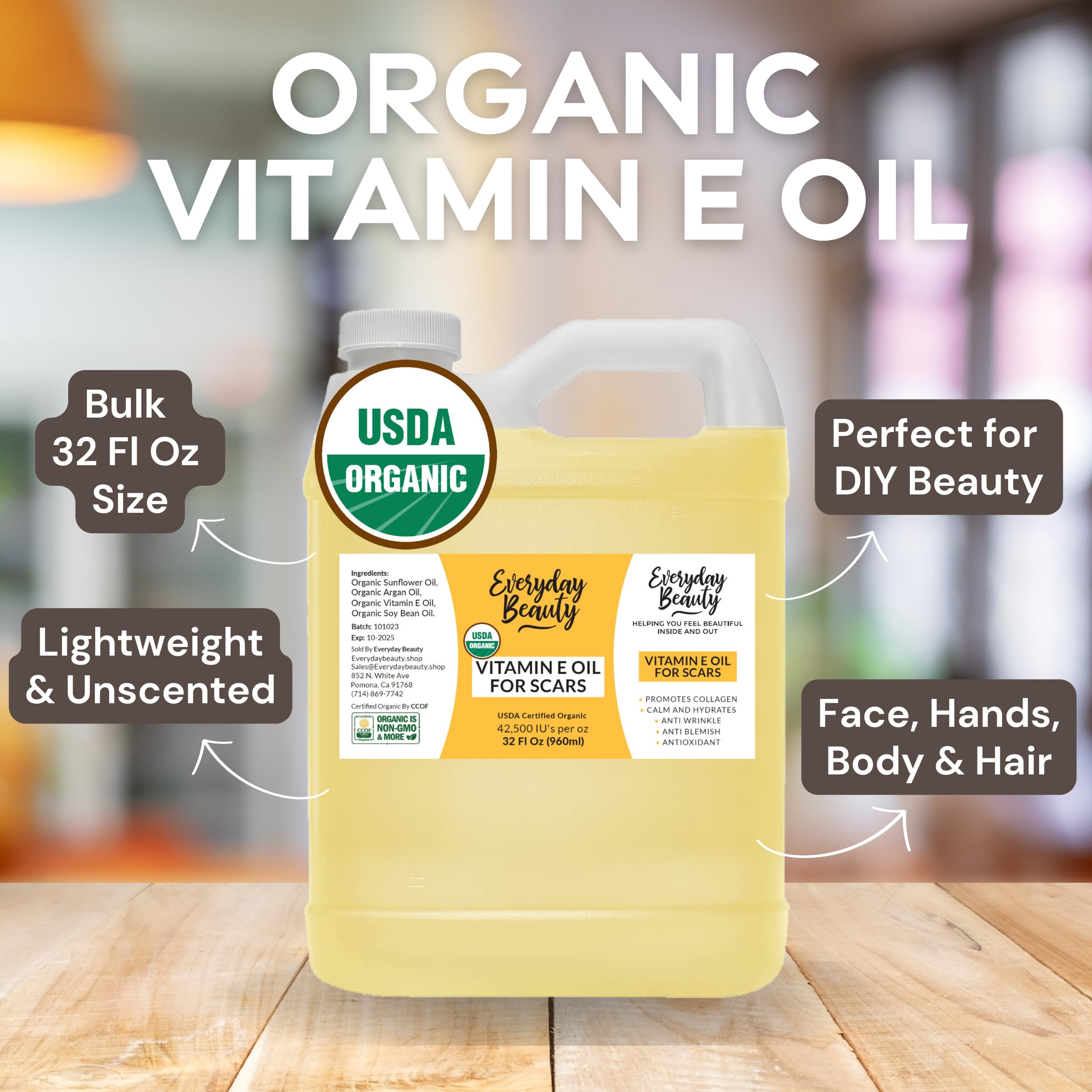 Everyday Beauty Organic Vitamin E Oil BPA-free bottle sealed for safety