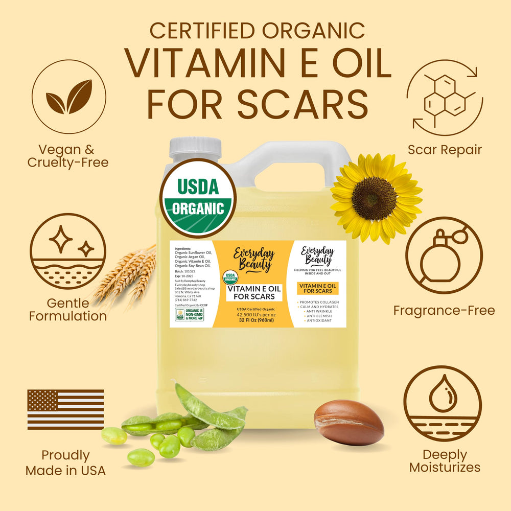Everyday Beauty Organic Vitamin E Oil ingredients—vegan, all-natural blend for nourished skin