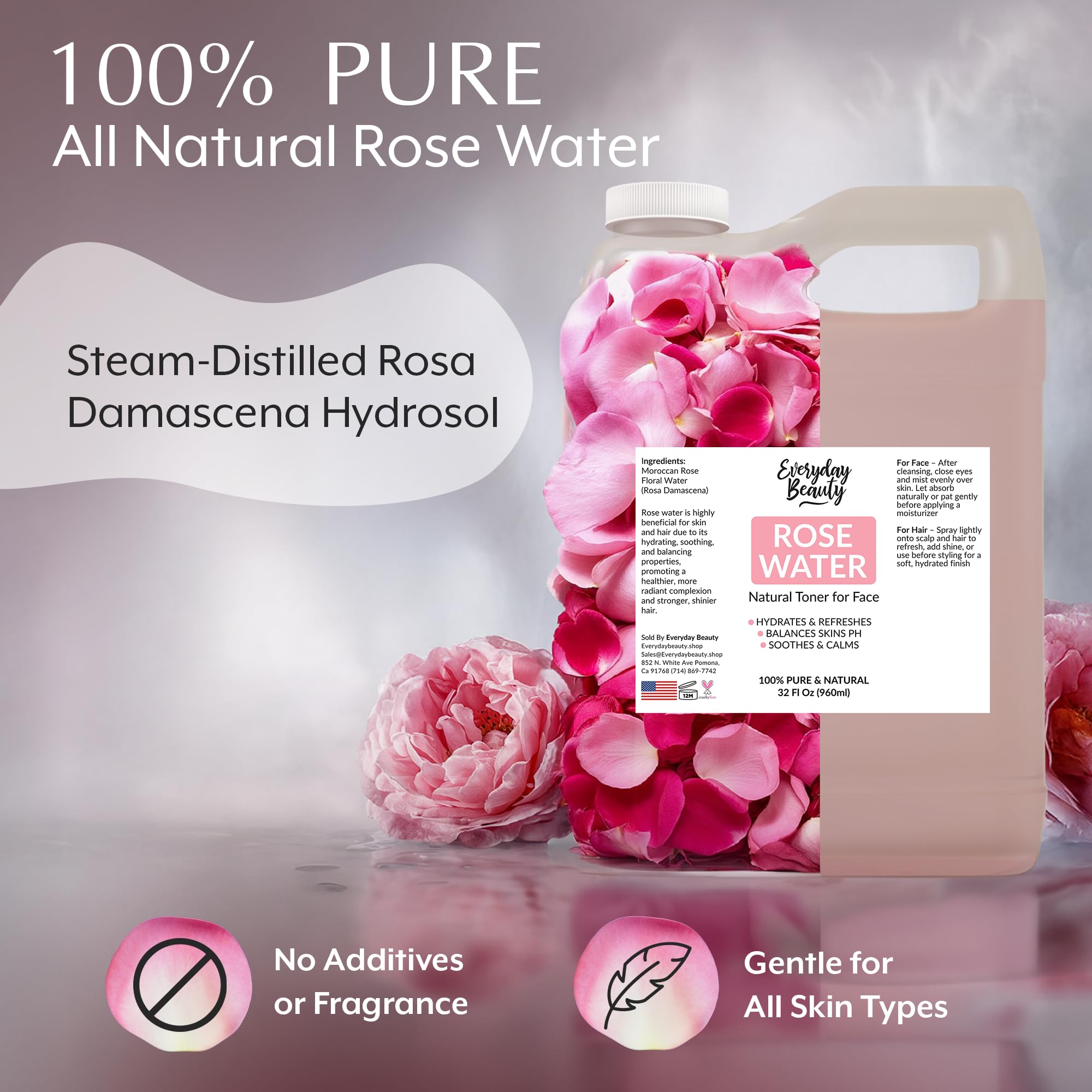 Everyday Beauty rose water toner bottle closeup highlights natural ingredients and gentle toning.