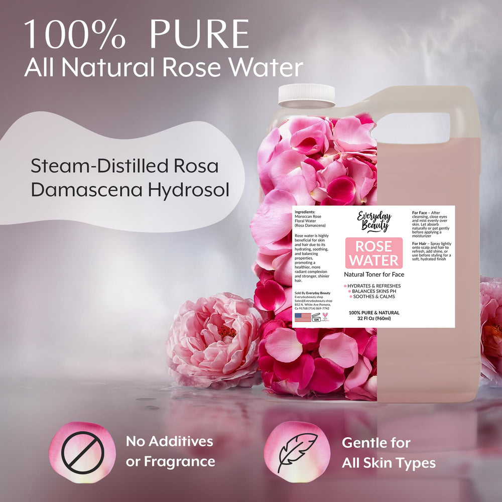 Everyday Beauty rose water toner bottle closeup highlights natural ingredients and gentle toning.