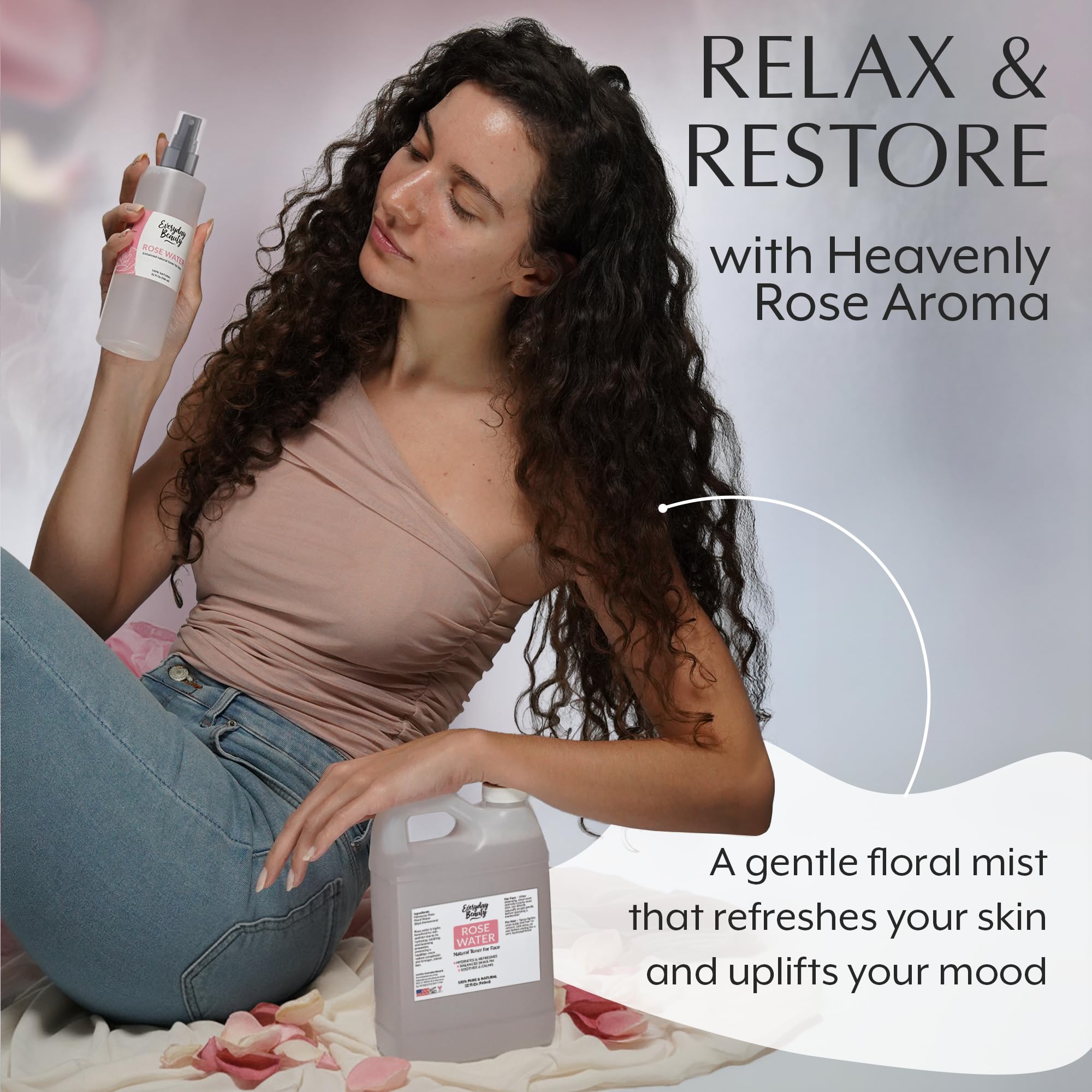 Everyday Beauty rose water toner facial application demonstrates soothing balance for all skin types.