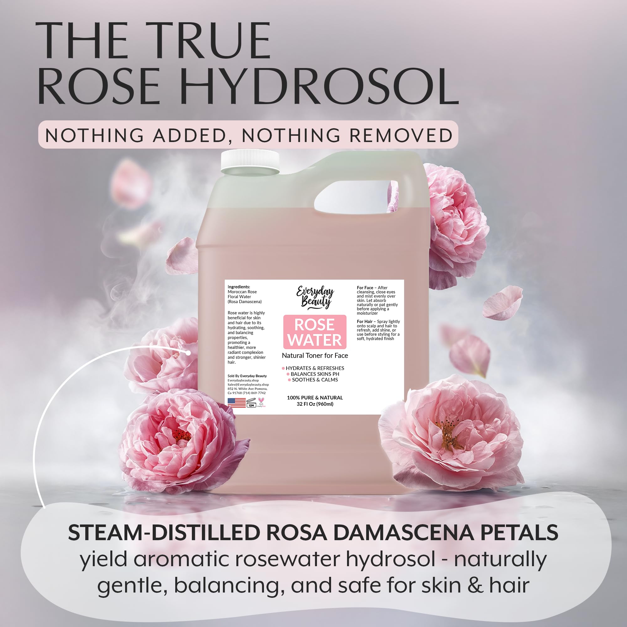Everyday Beauty rose water toner hair use suggests refreshing scalp and light styling option.