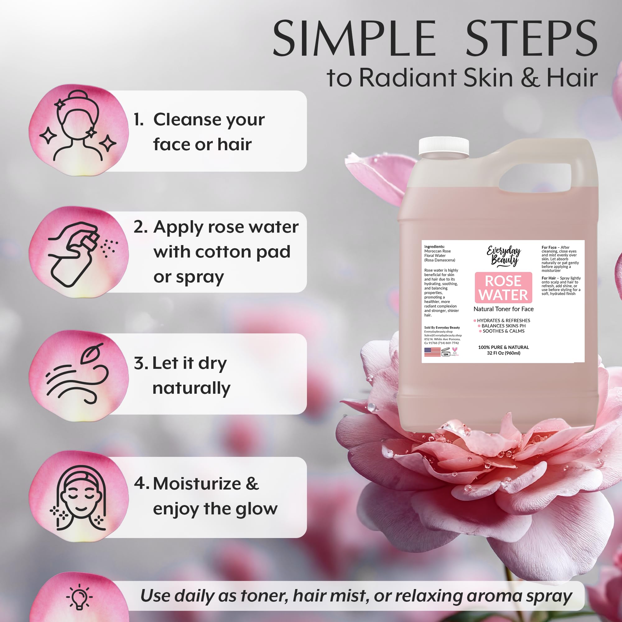 Everyday Beauty rose water toner ingredients macro emphasizes antioxidants and natural vegan formula.