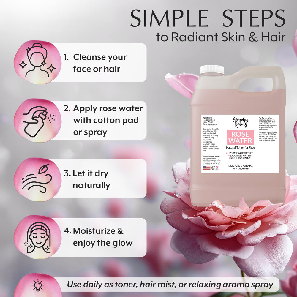 Everyday Beauty rose water toner ingredients macro emphasizes antioxidants and natural vegan formula.