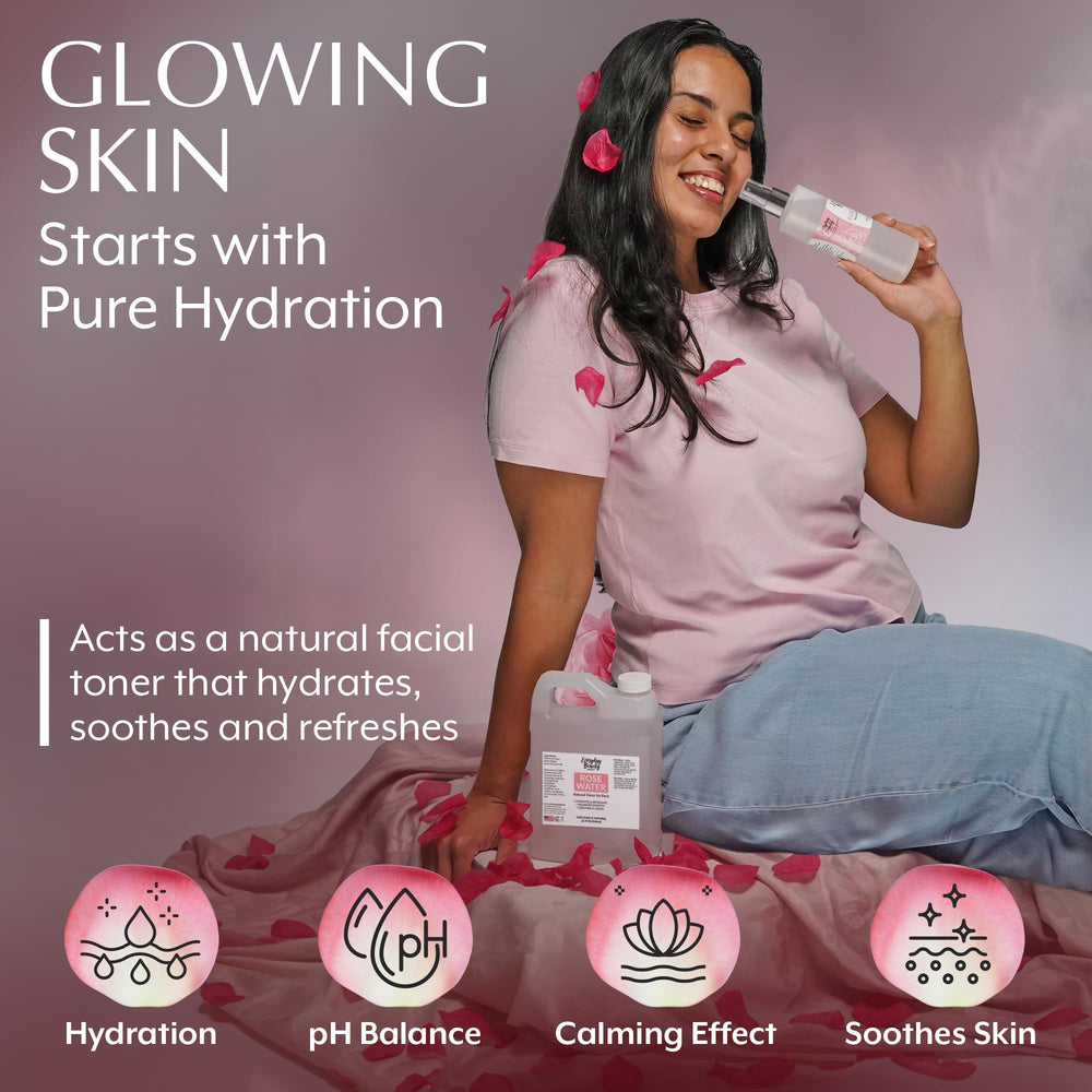 Everyday Beauty rose water toner spray mist illustrates easy refresh on face throughout the day.