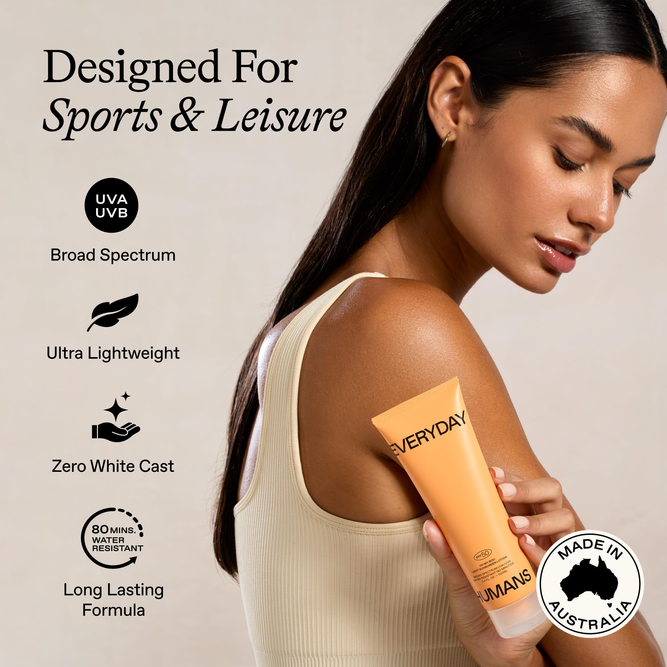 Everyday Humans Oh My Bod SPF50 lotion applied on arm for broad spectrum protection