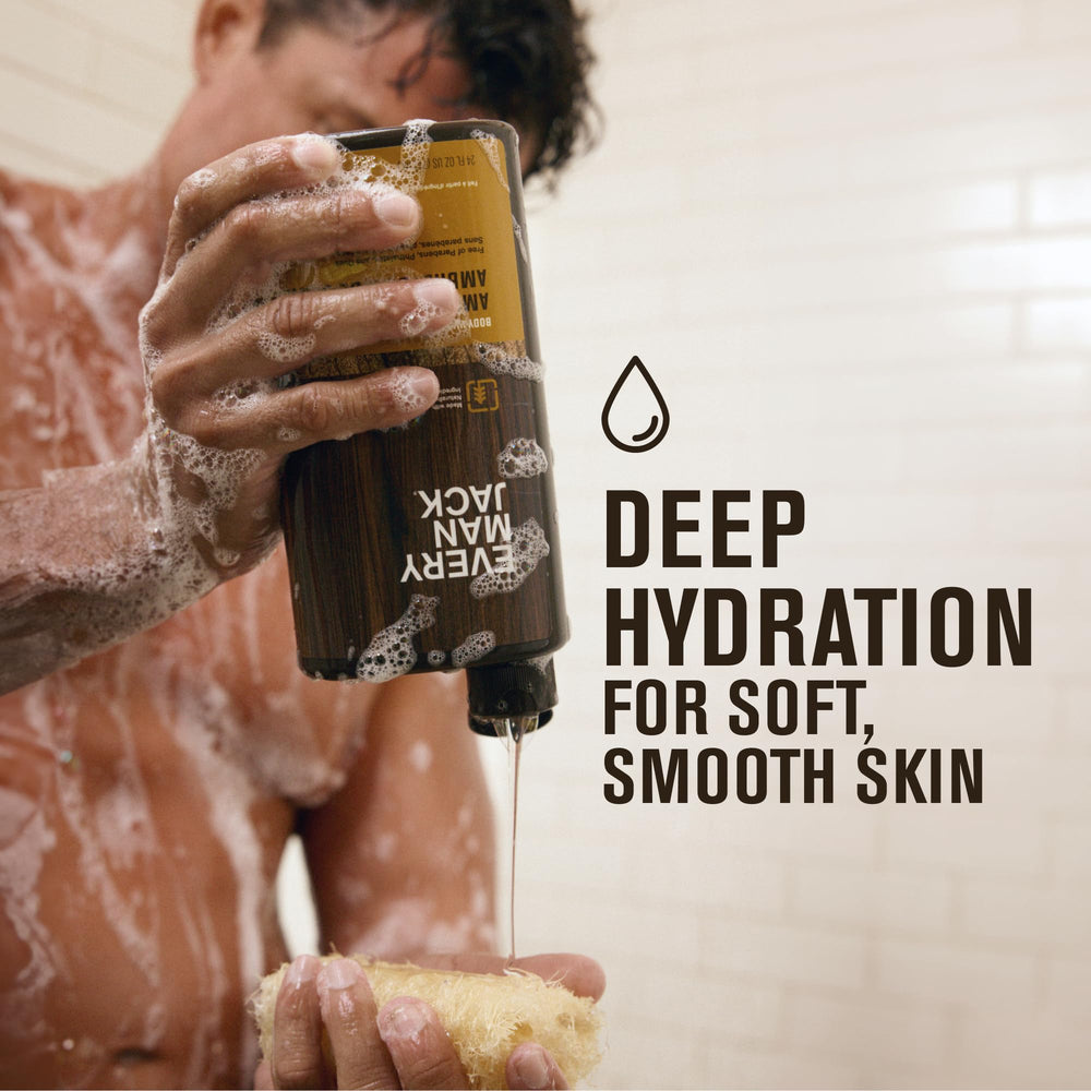 Every Man Jack Nourishing Amber + Sandalwood pump-top shows easy, quick lather for daily cleansing
