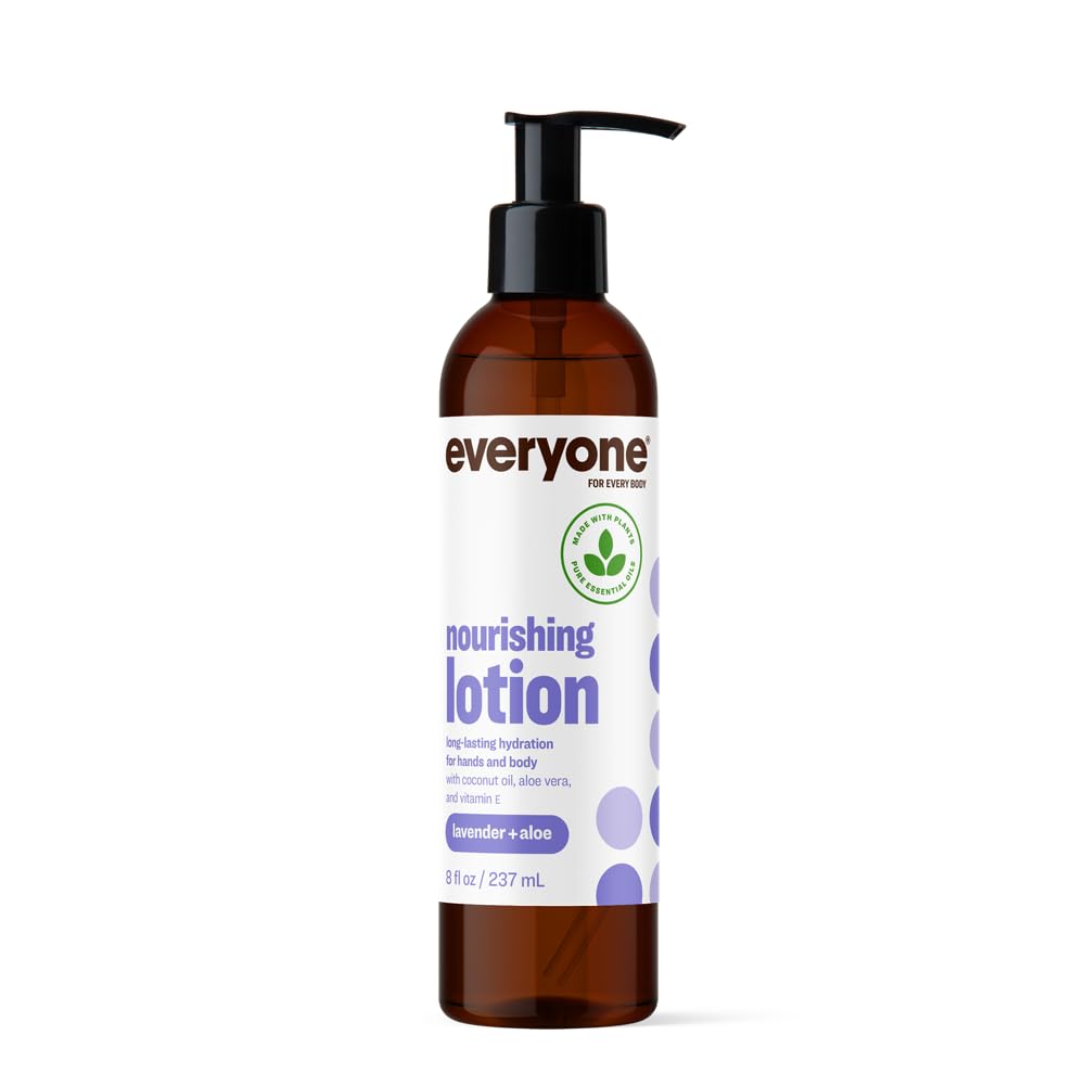 Everyone nourishing lavender-aloe lotion bottle with soothing lavender scent.
