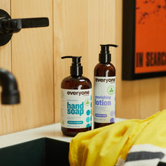 Lavender bloom image conveys calming fragrance alongside the lotion.