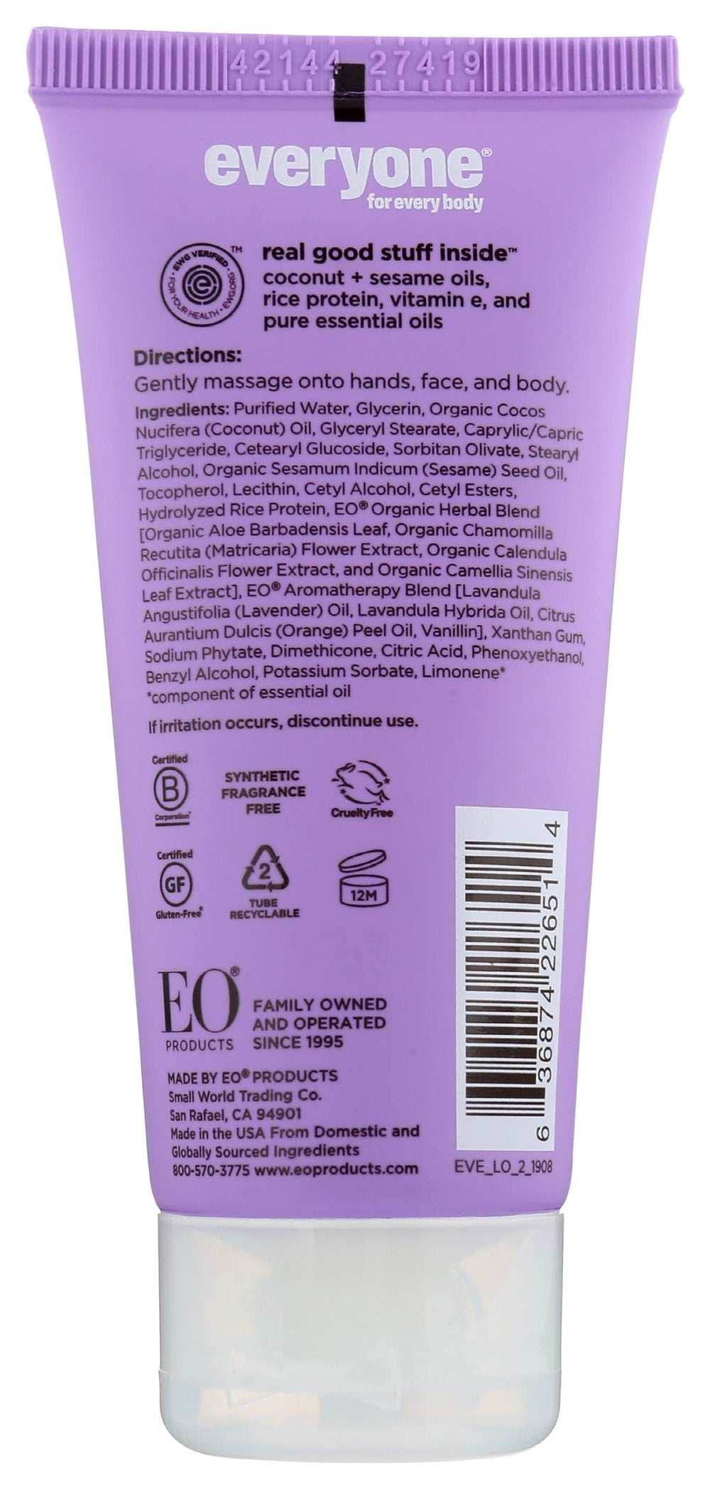 Everyone travel size lotion with essential oils—compact, soothing scent for trips.