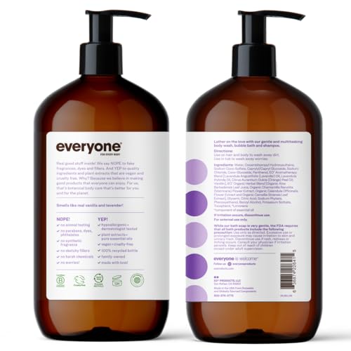 Everyone Vanilla and Lavender 3 In 1 Soap bottle pour highlights easy dispensing.