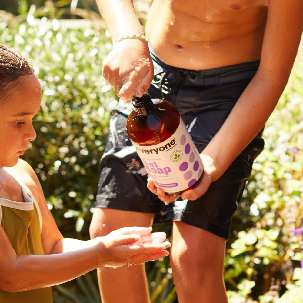 Everyone Vanilla & Lavender 3 In 1 Soap on a shower scene for everyday use.