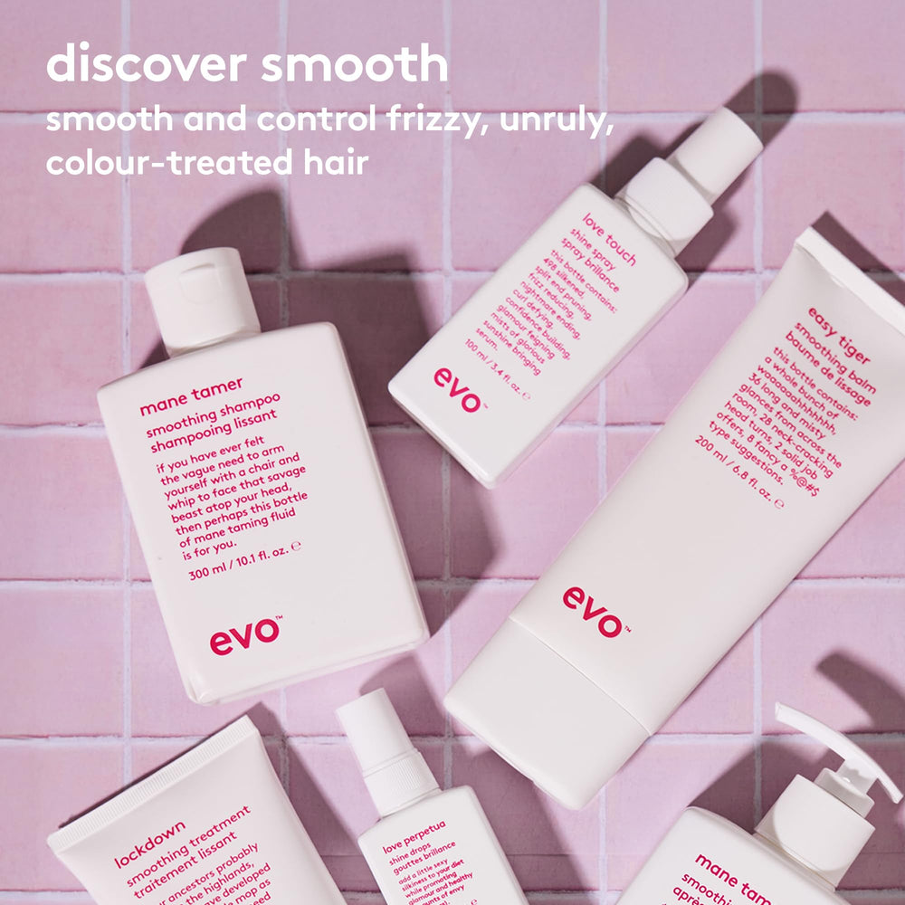 EVO Easy Tiger smoothing balm soft-shine-result suggests light hold with glossy texture.