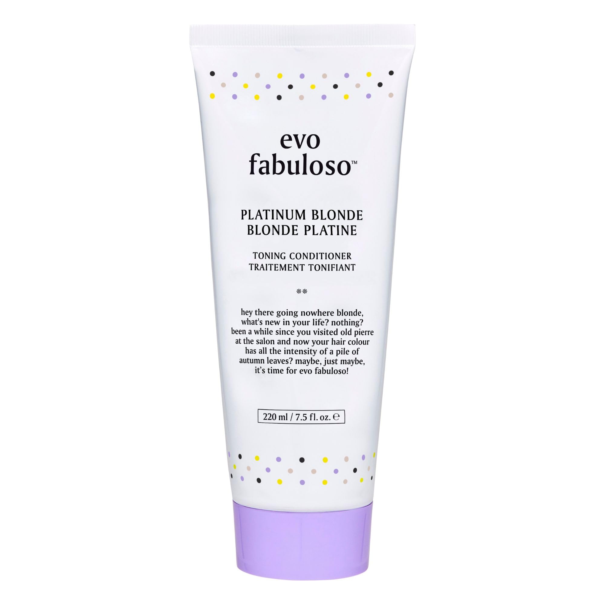 EVO Fabuloso Platinum Blonde Toning bottle close-up for quick brassy neutralization.