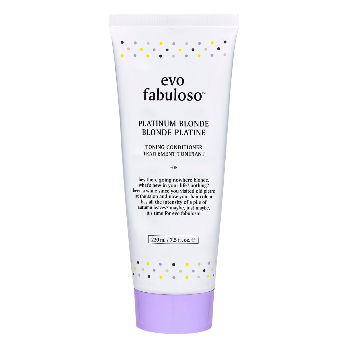 EVO Fabuloso Platinum Blonde Toning bottle close-up for quick brassy neutralization.