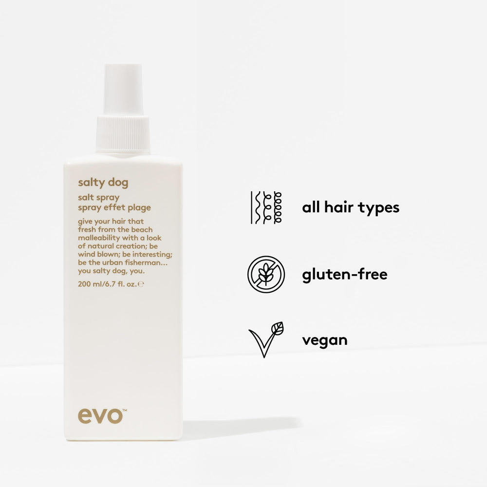 EVO Salty Dog Salt Spray applied to damp hair for texture.