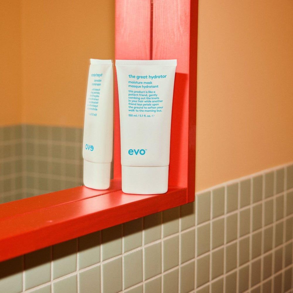 EVO The Great Hydrator bottle shows nourishing oils for softer, more manageable hair.