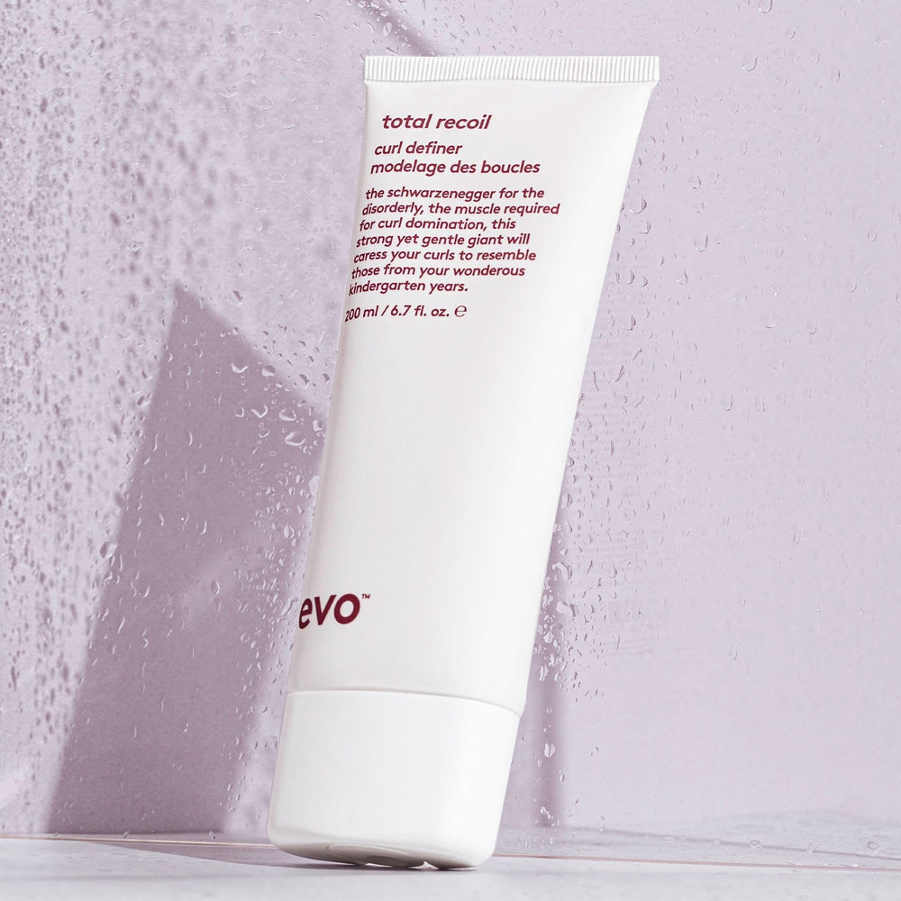 EVO Total Recoil on defined curls delivering long-lasting hydration and humidity resistance