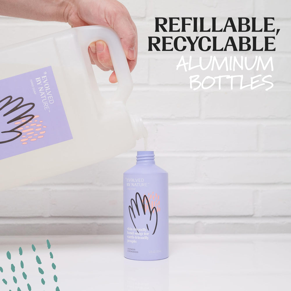 EVOLVED BY NATURE pouring hand soap into dispenser; convenient daily use.