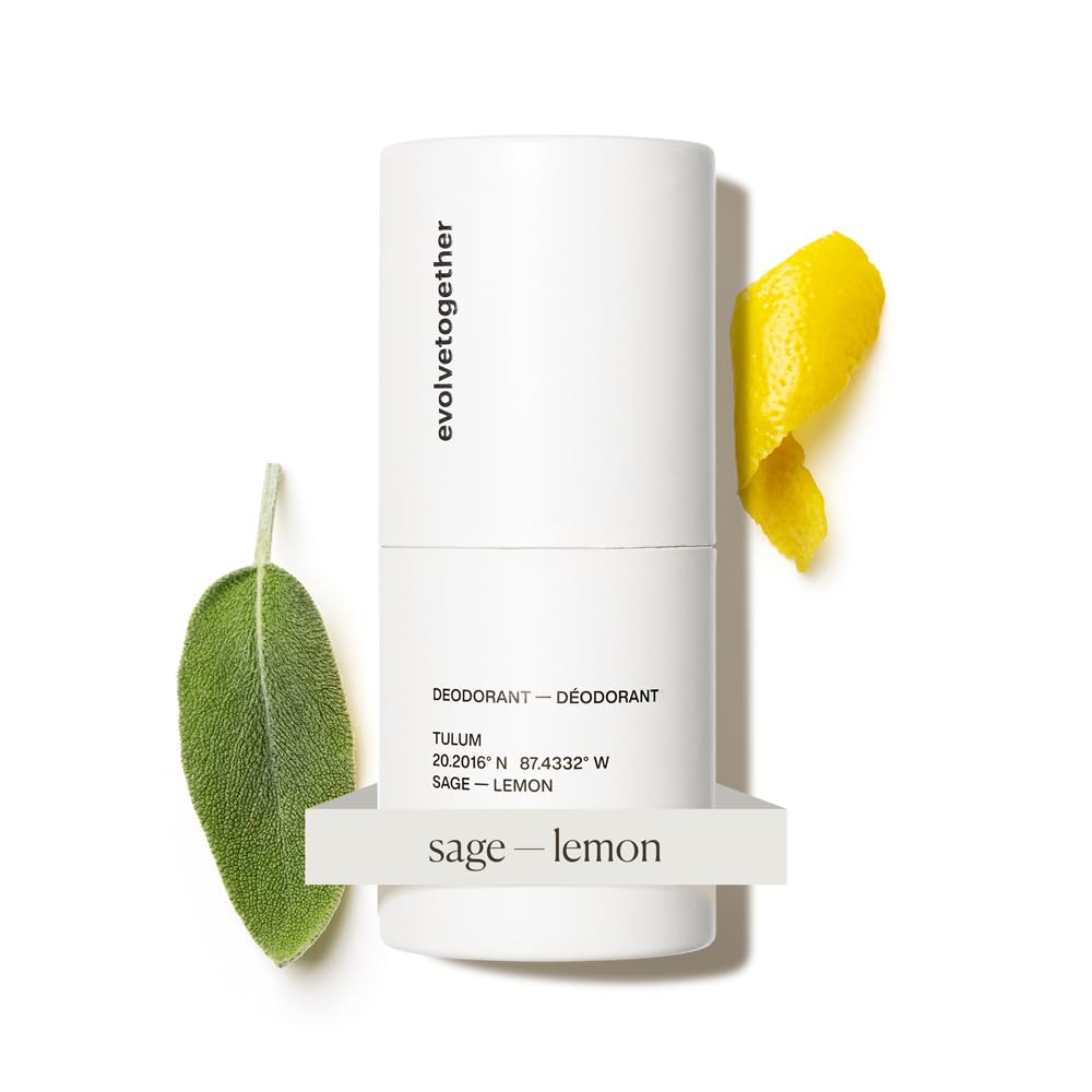 evolvetogether aluminum-free deodorant bottle with lemon-sage-patchouli aroma for all-day freshness
