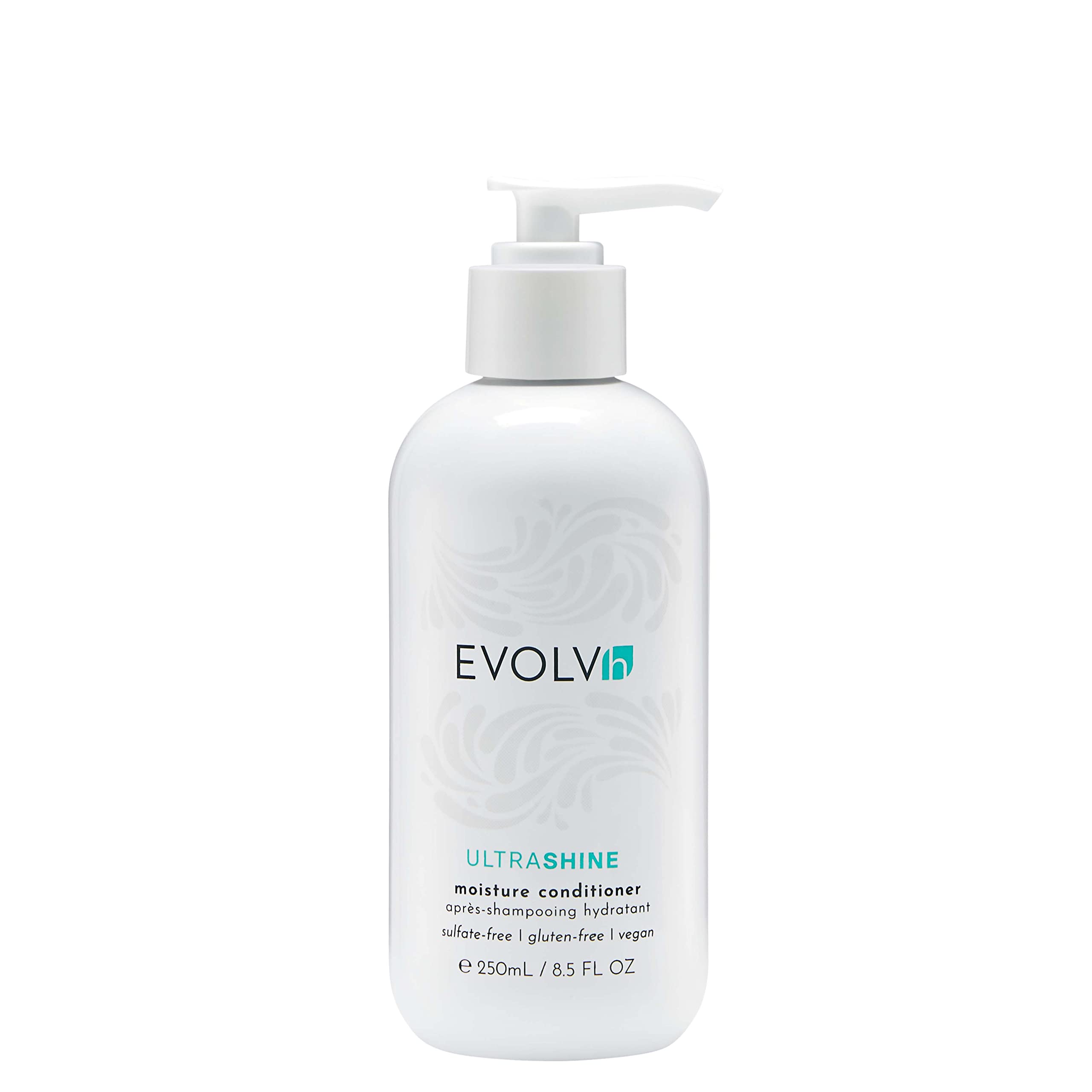 EVOLVh UltraShine Moisture Conditioner bottle shows radiant shine and detangling ease