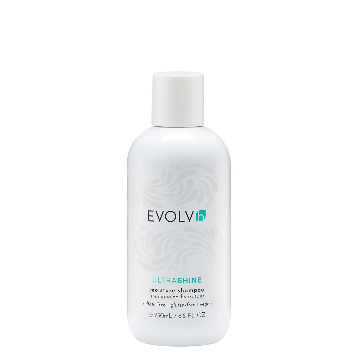 EVOLVh UltraShine Moisture Shampoo bottle front emphasizes color-safe shine and moisture.