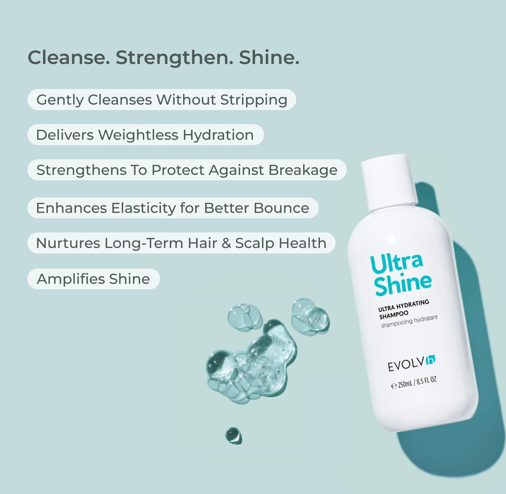 EVOLVh UltraShine Moisture Shampoo lathering close-up highlights nourishing antioxidants.