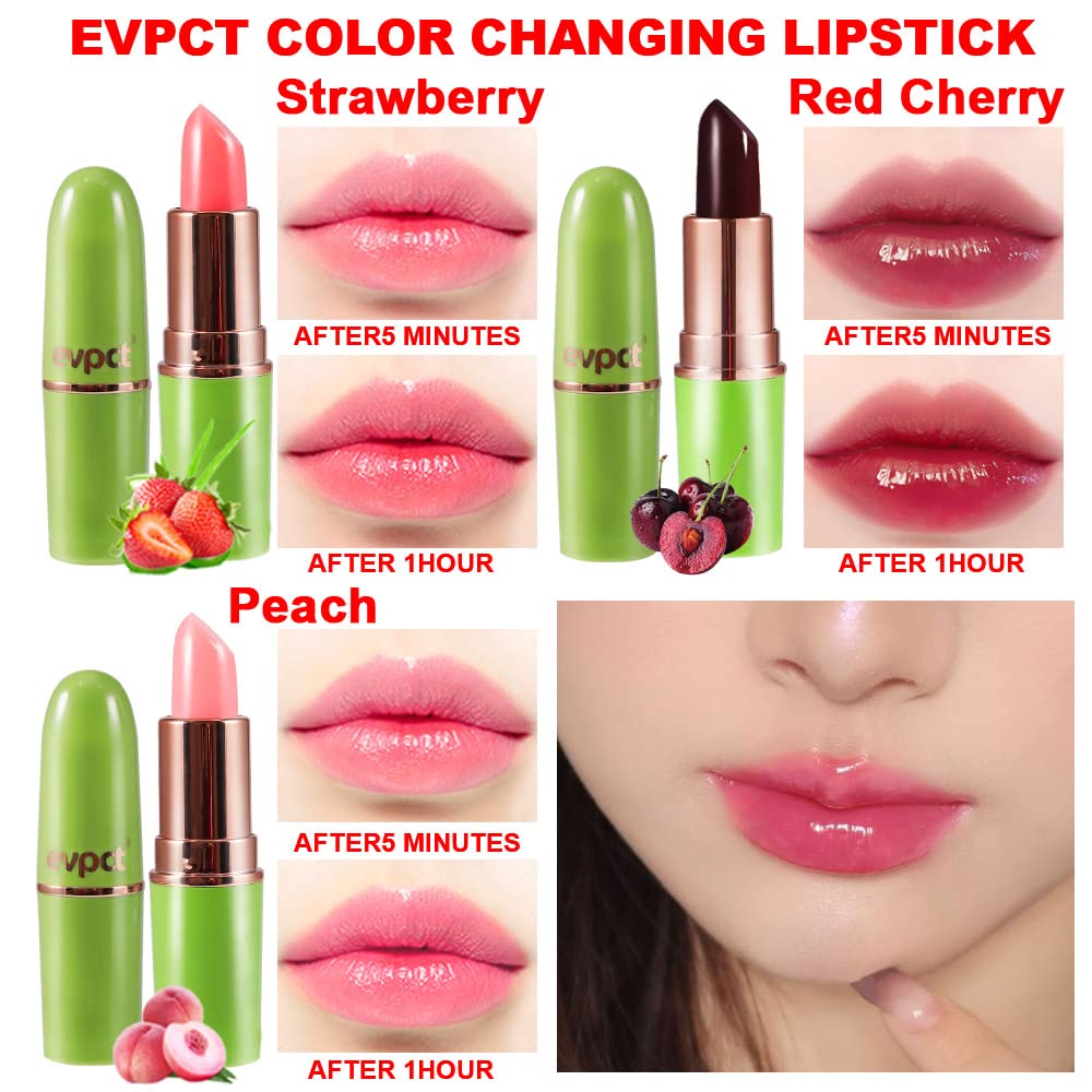 evpct color-changing lipstick red cherry delivers lasting color and lip hydration.