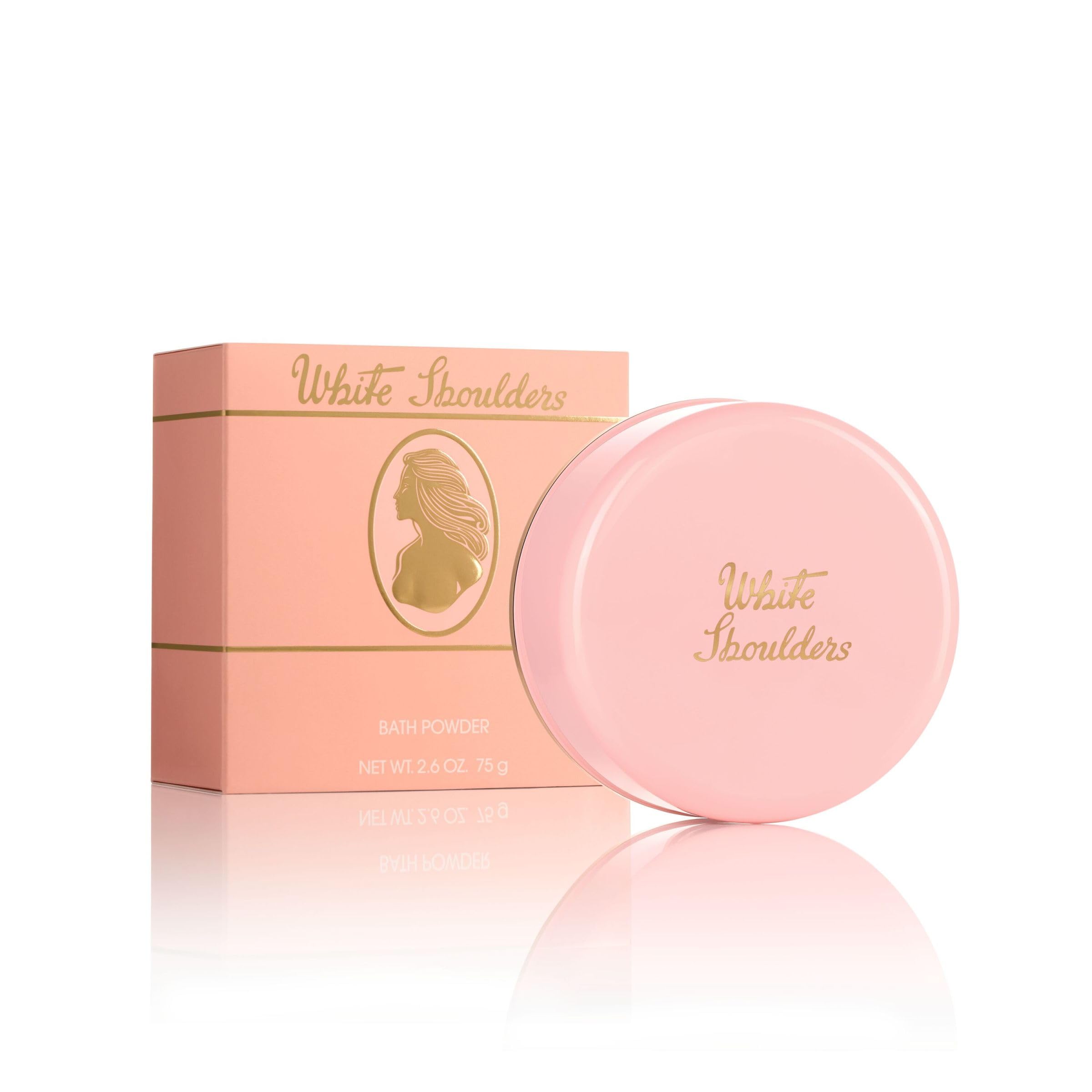 Evyan White Shoulders bath powder jar for light, all-day freshness.