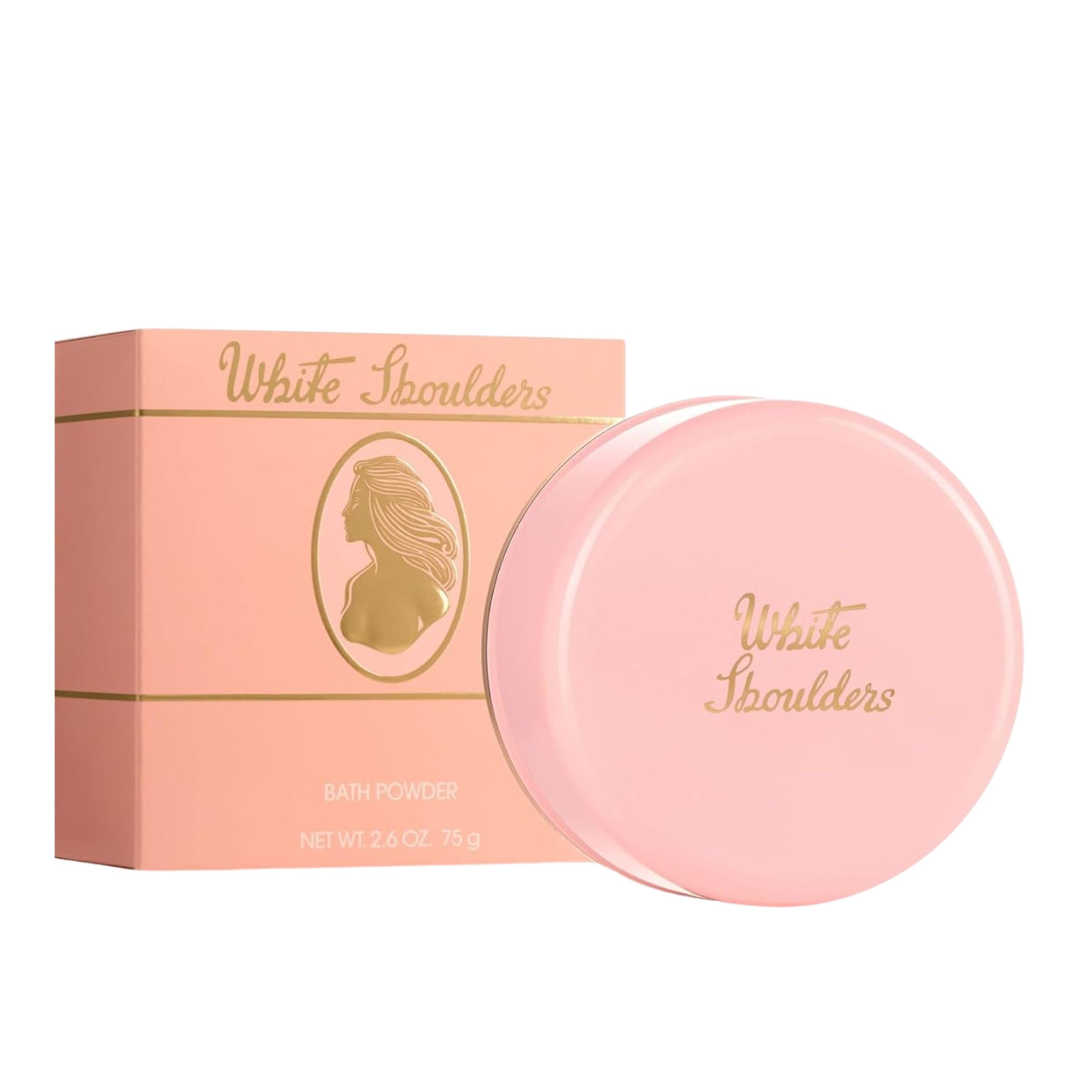 Evyan White Shoulders bath powder puff enables luxurious application.