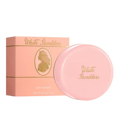Evyan White Shoulders bath powder puff enables luxurious application.