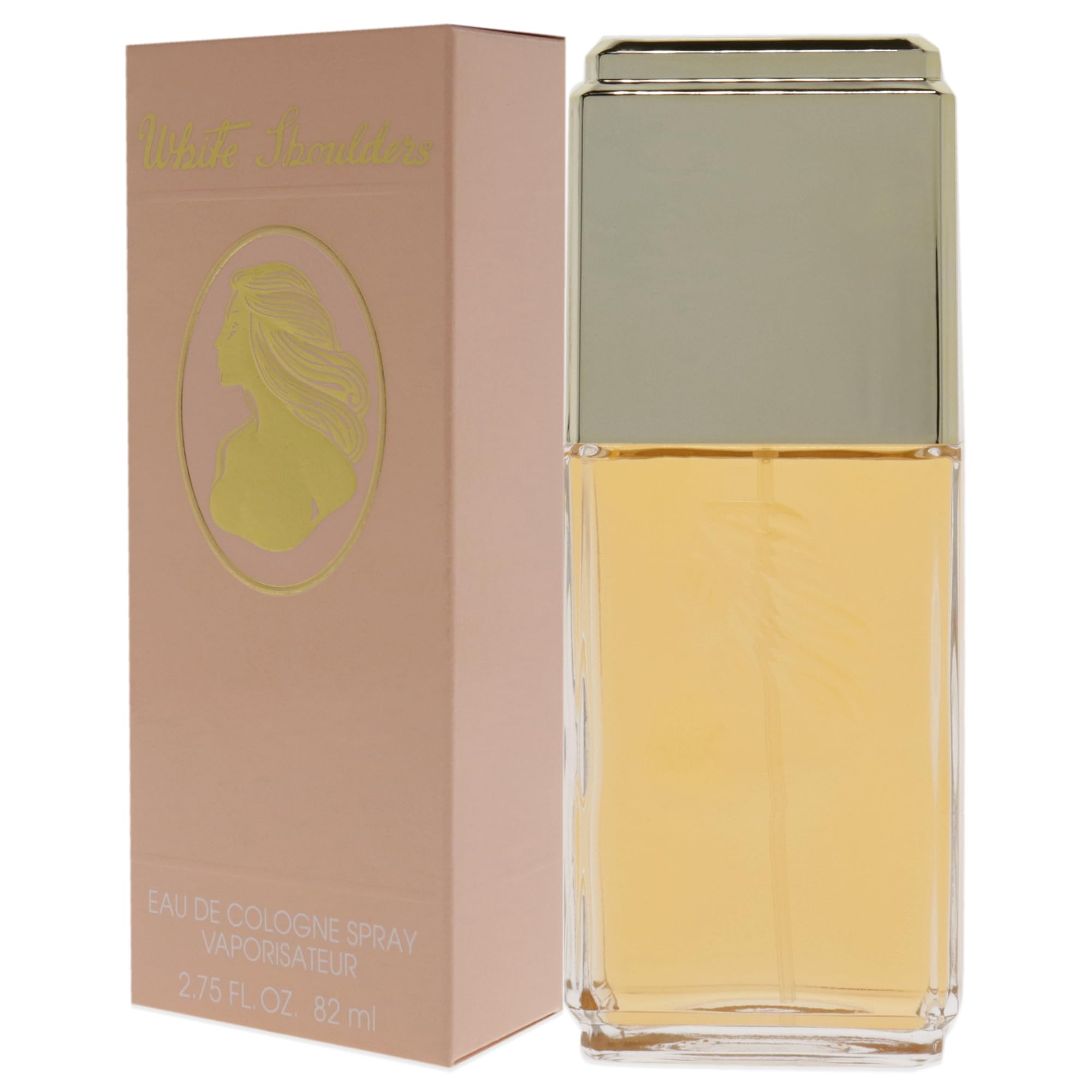 Evyan White Shoulders bottle with worn portrait suggests versatile everyday scent.