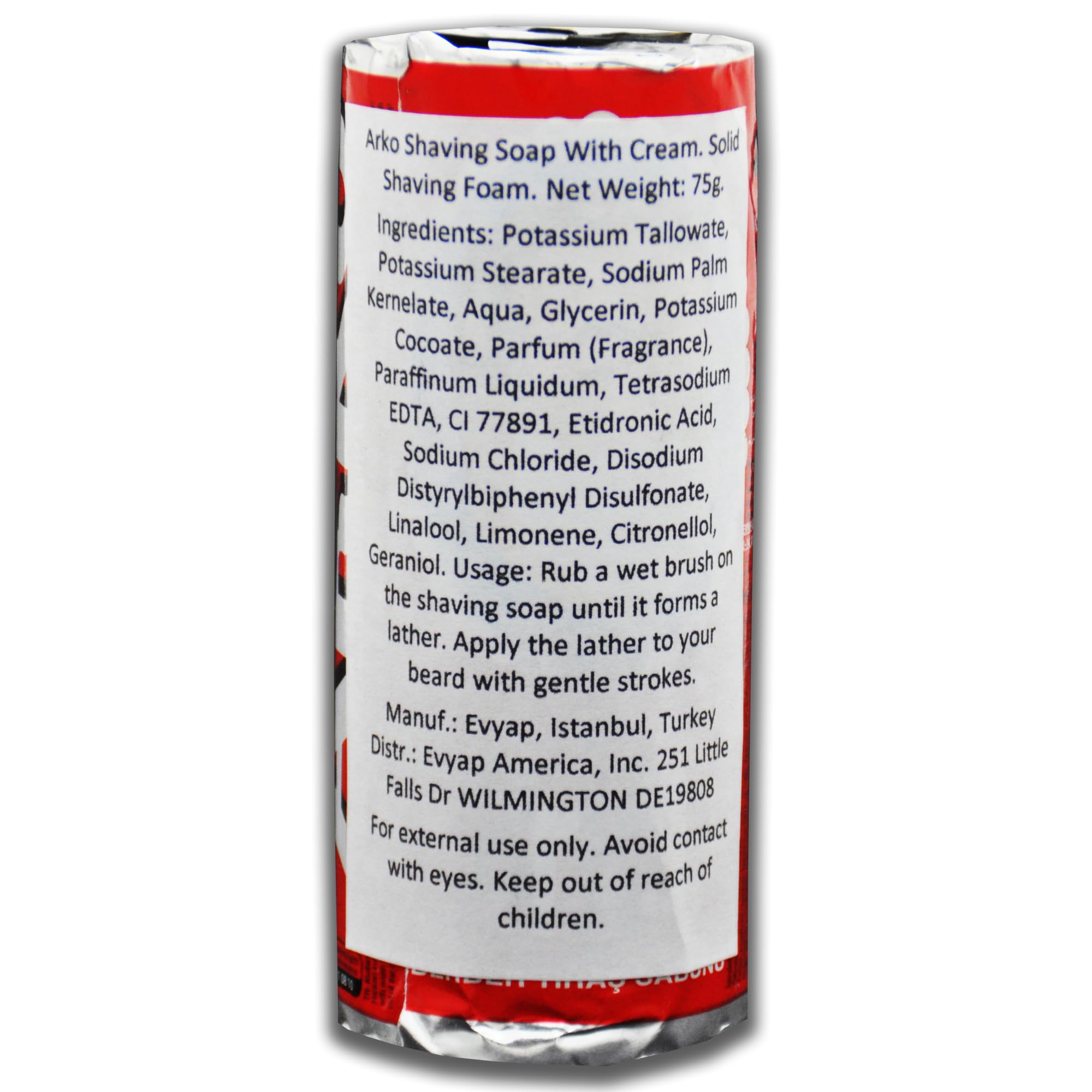 EVYAP Arko shaving cream stick ingredients-panel highlights glycerin for smooth prep.