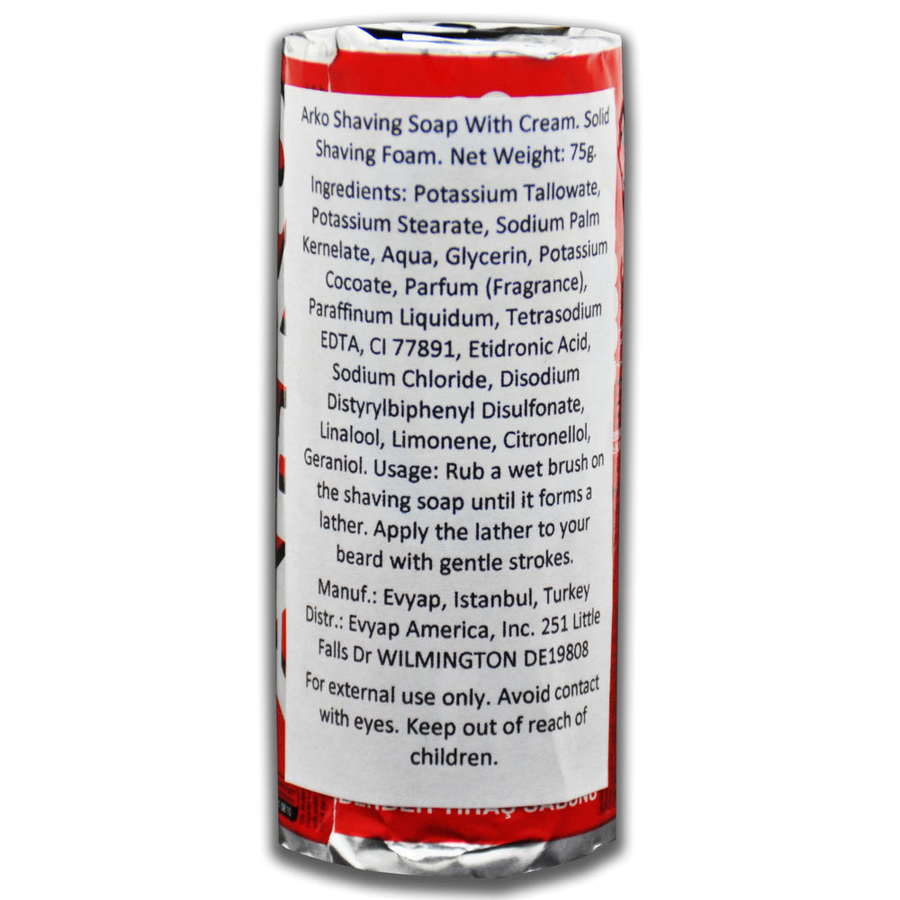EVYAP Arko shaving cream stick ingredients-panel highlights glycerin for smooth prep.