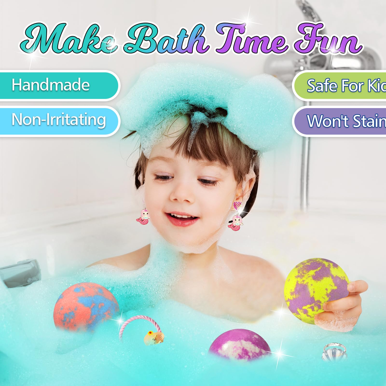 Excalla bath bombs create colorful bubbles and fizz without staining tubs or skin.
