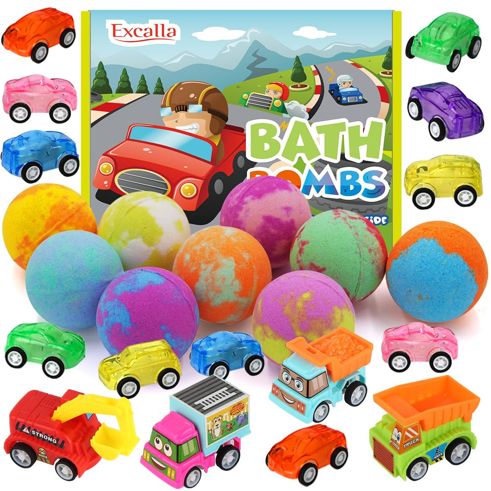 Excalla bath bombs 9-pack box — vibrant colors and inviting scents for kid-friendly baths.