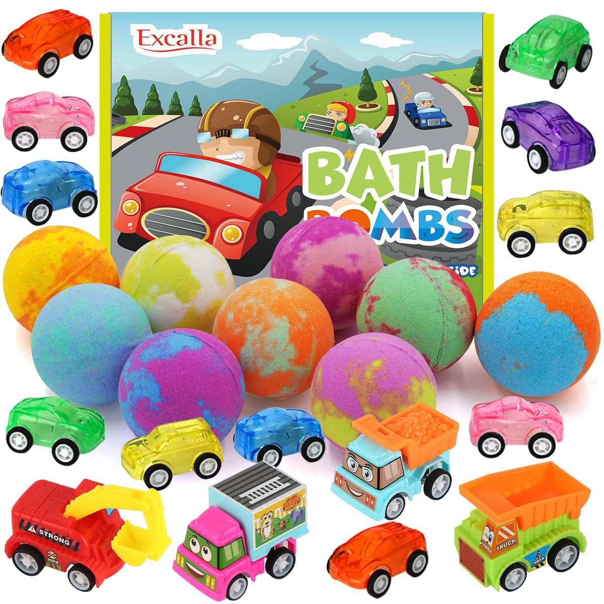Excalla bath bombs 9-pack box — vibrant colors and inviting scents for kid-friendly baths.