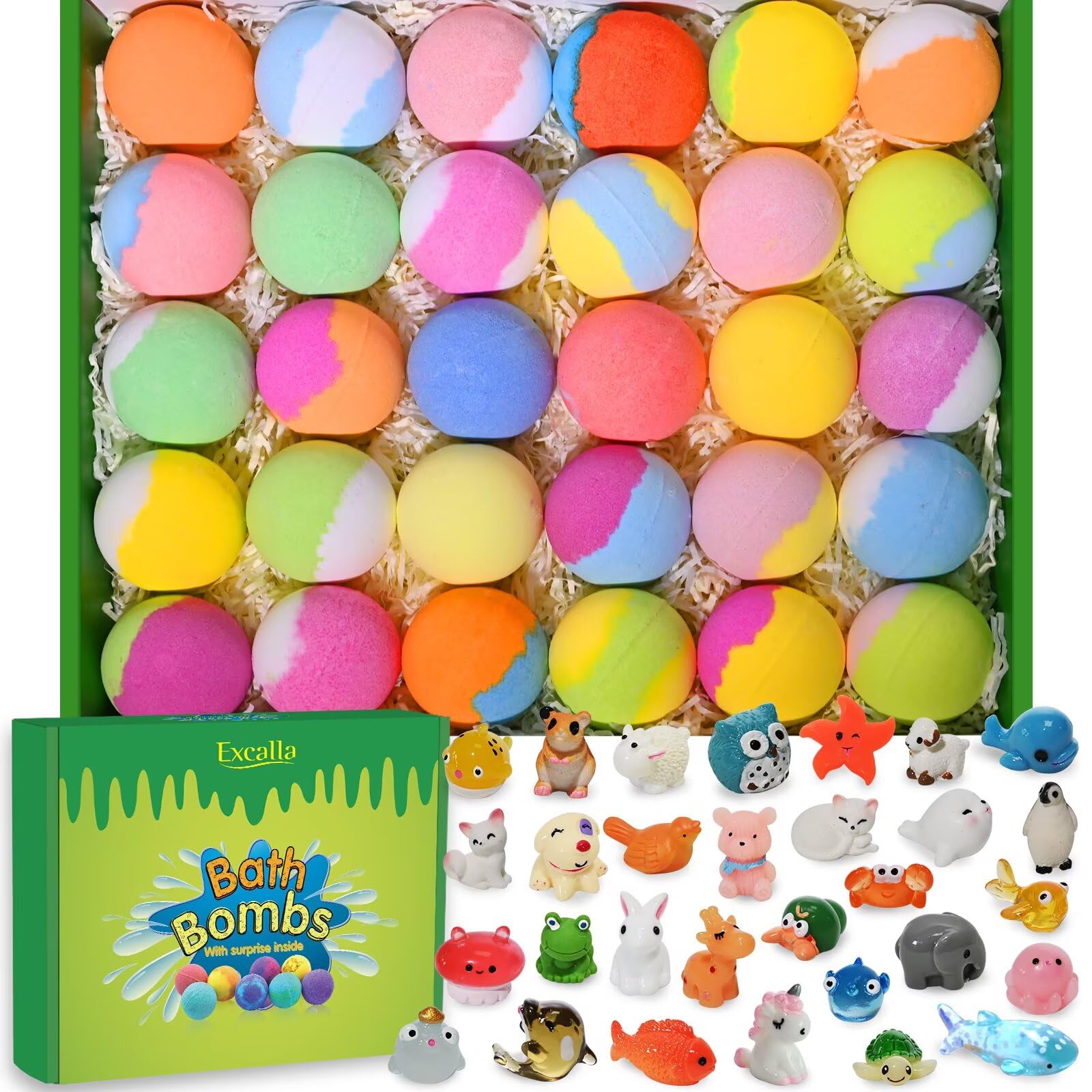 Excalla bath bombs 30-pack box showcasing colorful packaging and safe kids bath time fun.