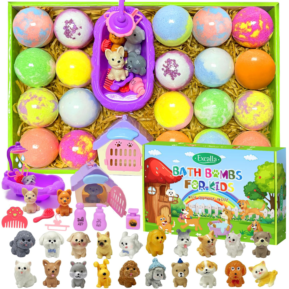 Excalla bath bombs set with 20 surprises for kids' bath time fun.