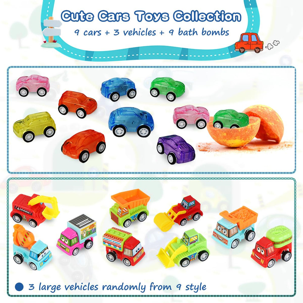 Excalla pull-back cars inside bath bombs — surprise toys encourage imaginative bath time.