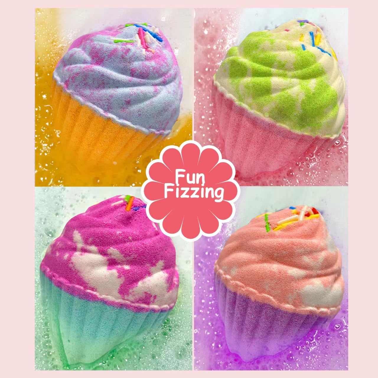 Excalla cupcake bath bombs fizz and color water for a playful bath experience.