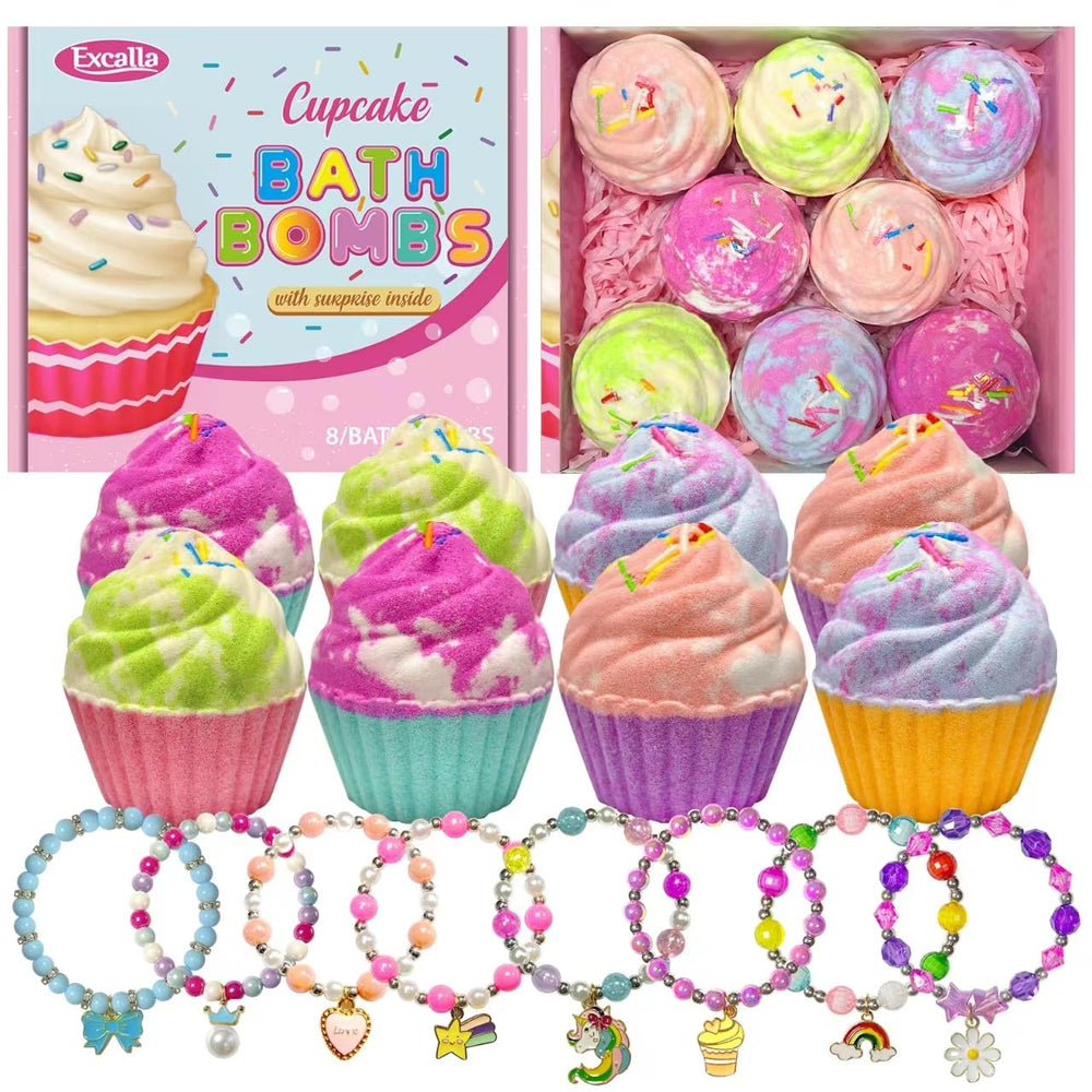 Excalla cupcake bath bombs with natural ingredients like shea and cocoa butter for moisturized skin.
