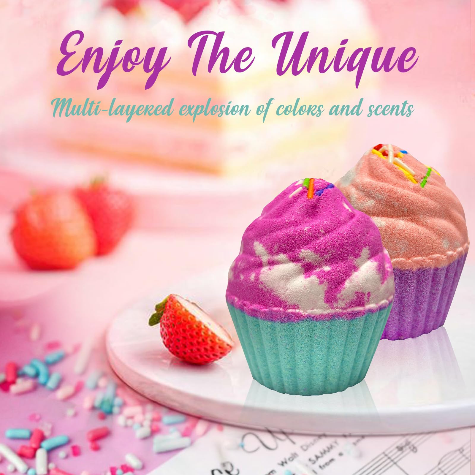 Excalla cupcake bath bombs peach fragrance boosts a good mood in the tub.