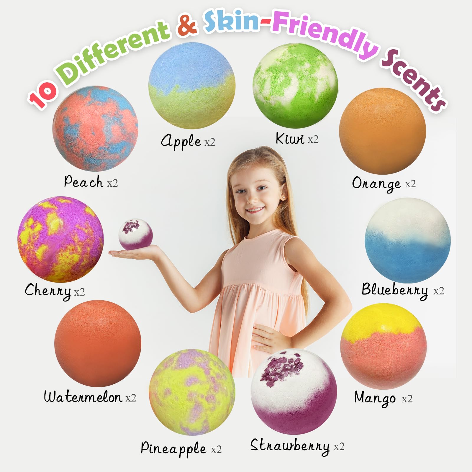 Excalla ten fruity scents provide bath-time variety.